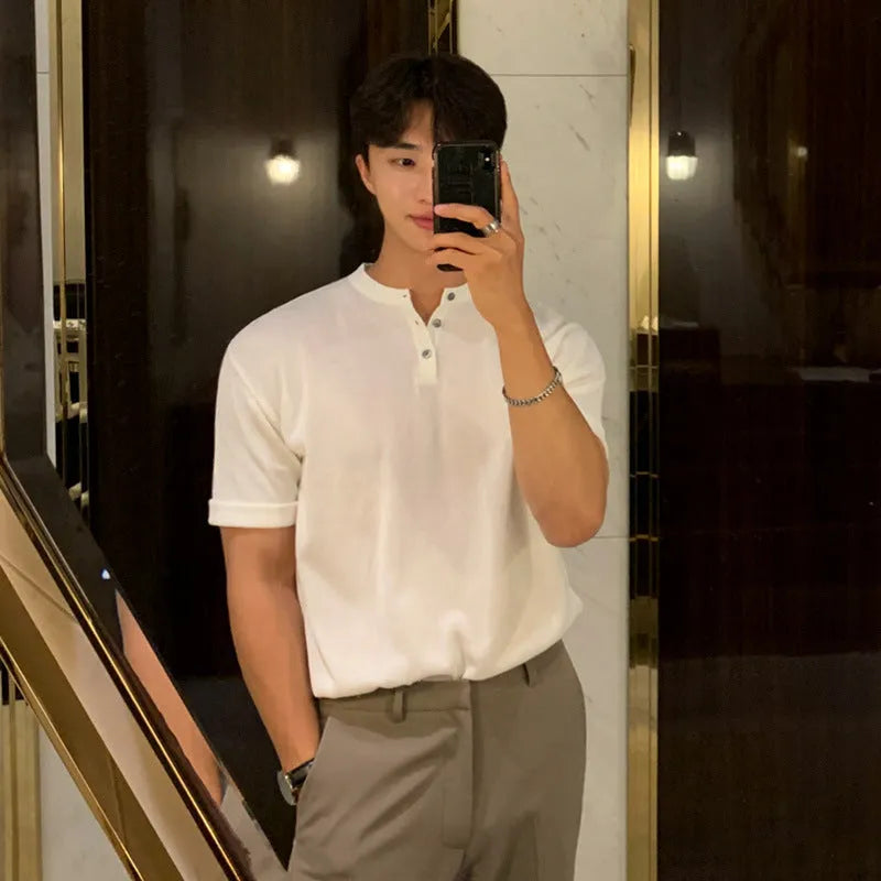 Men's thin ice silk knitted short-sleeved shirt in slim-fit style available in black, khaki, and white colours
