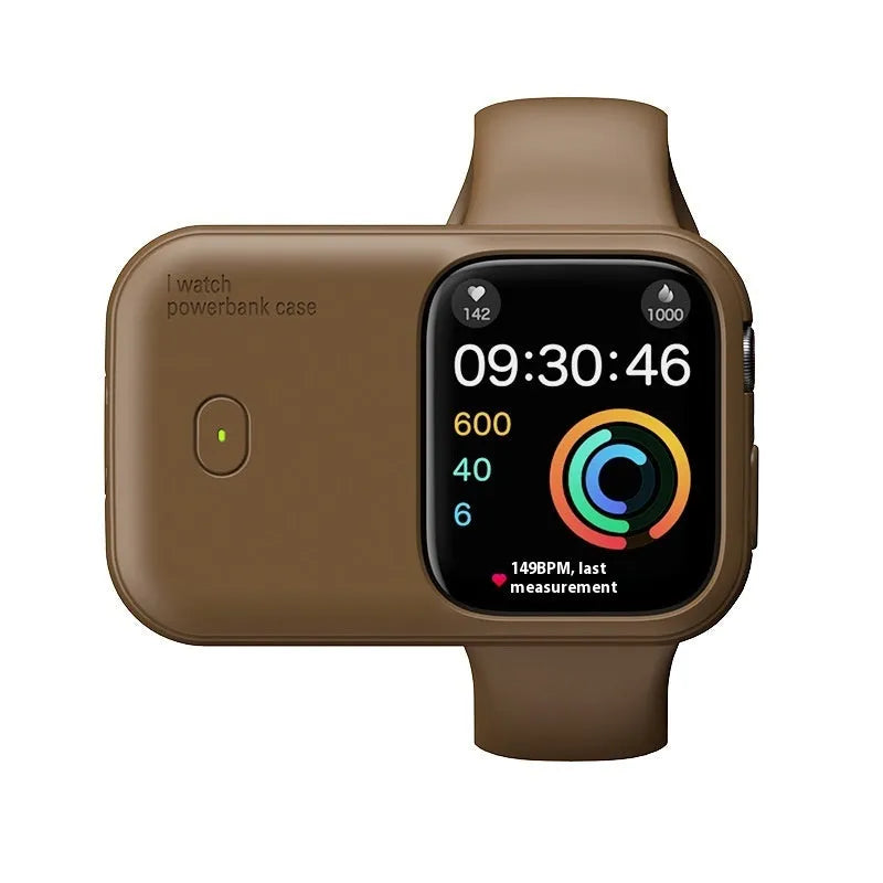 Apple Watch portable charging case with silicone cover, shown in Brown, Midnight Blue, and Starlight colours.