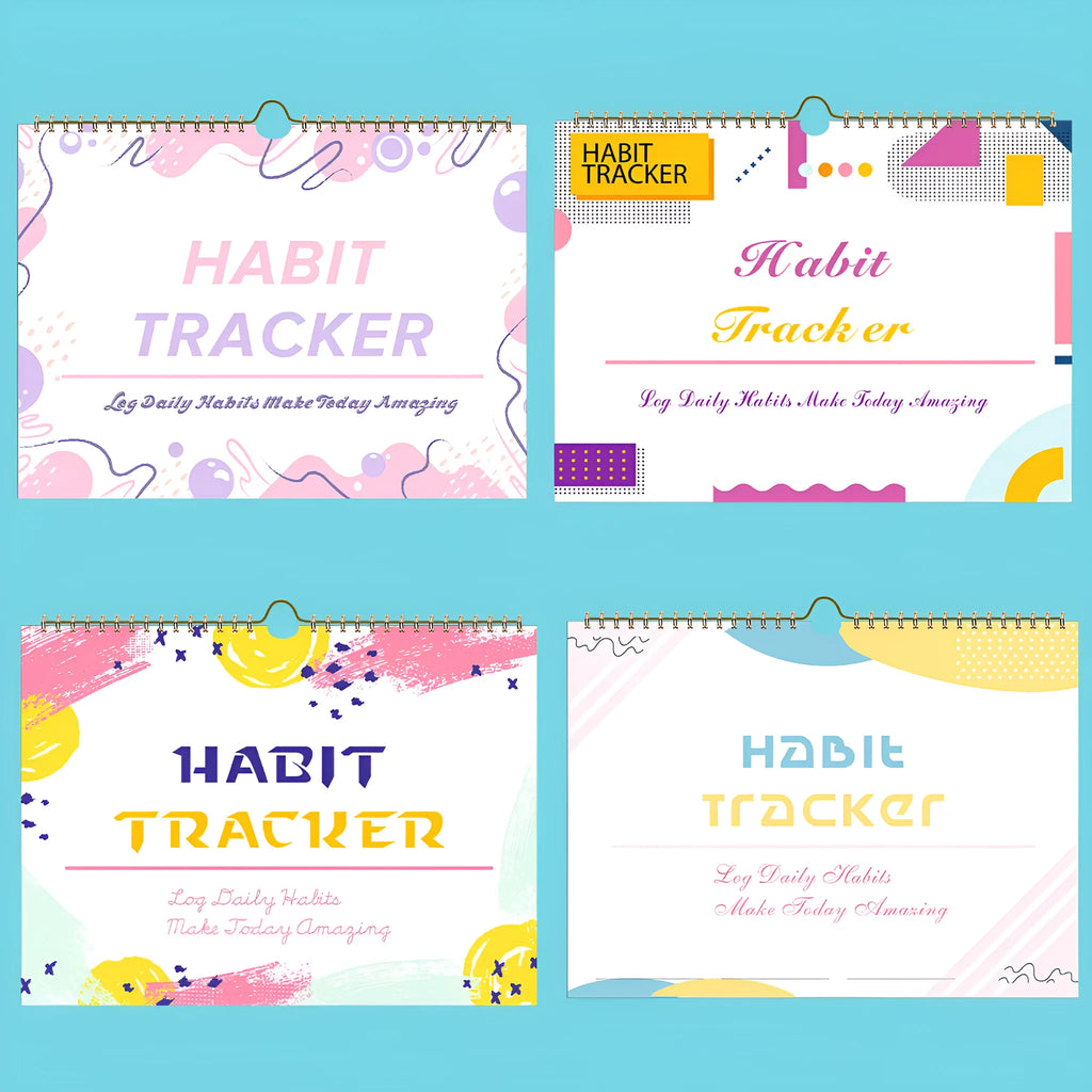 English habit tracking notebook open showing 12 internal pages with A4 21x28cm dimensions