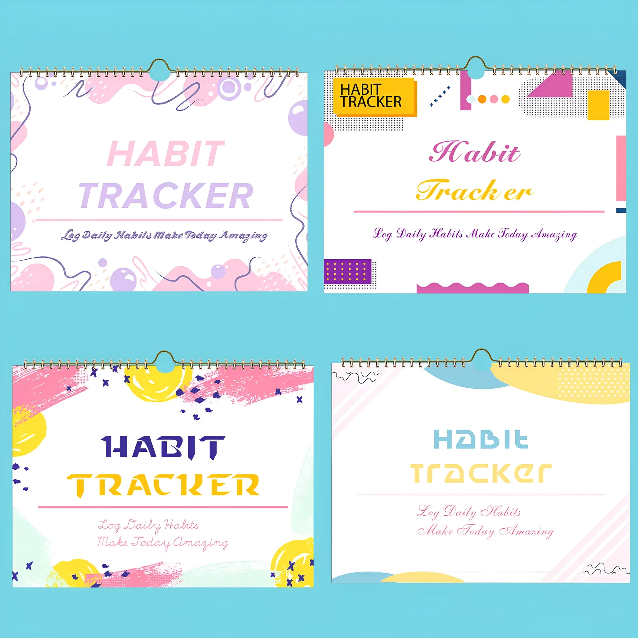 English habit tracking notebook open showing 12 internal pages with A4 21x28cm dimensions