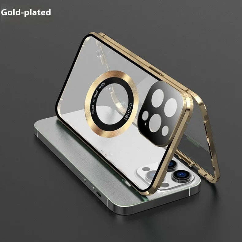 Metal phone case with anti-peep privacy screen for iPhone 16 Pro Max in black, magnetic wireless charger compatible