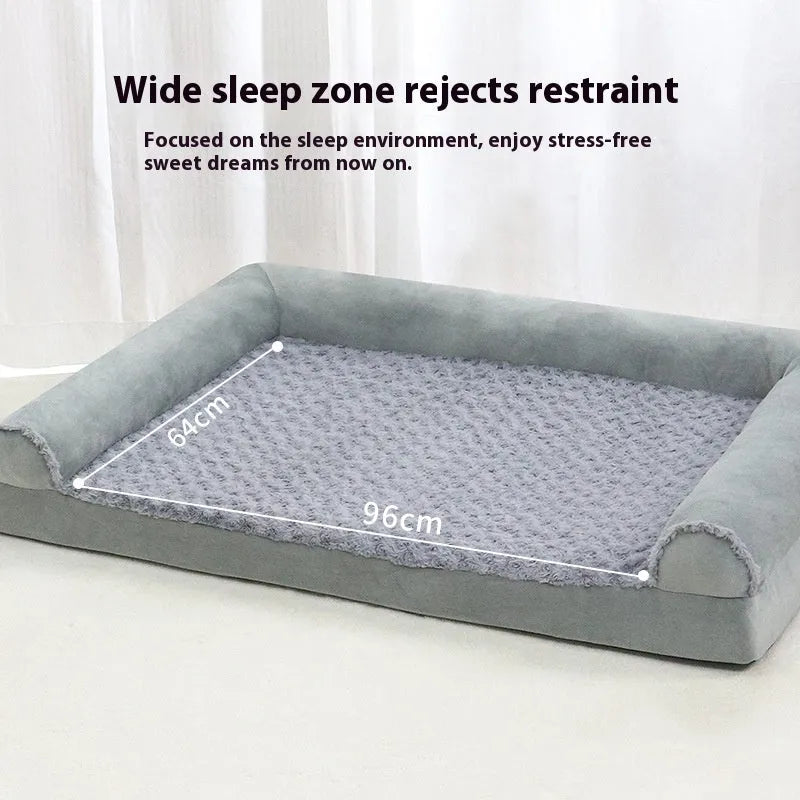 Grey cloth indoor dog kennel with padded walls and a foam cushion, shown in large size.
