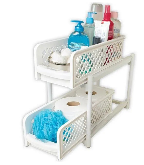 White plastic two-tier desktop storage rack 41.5x19.3x9.3cm on countertop with toiletries