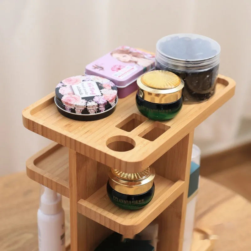 Bamboo multi-layer rotating storage rack with grid shelves in solid colour