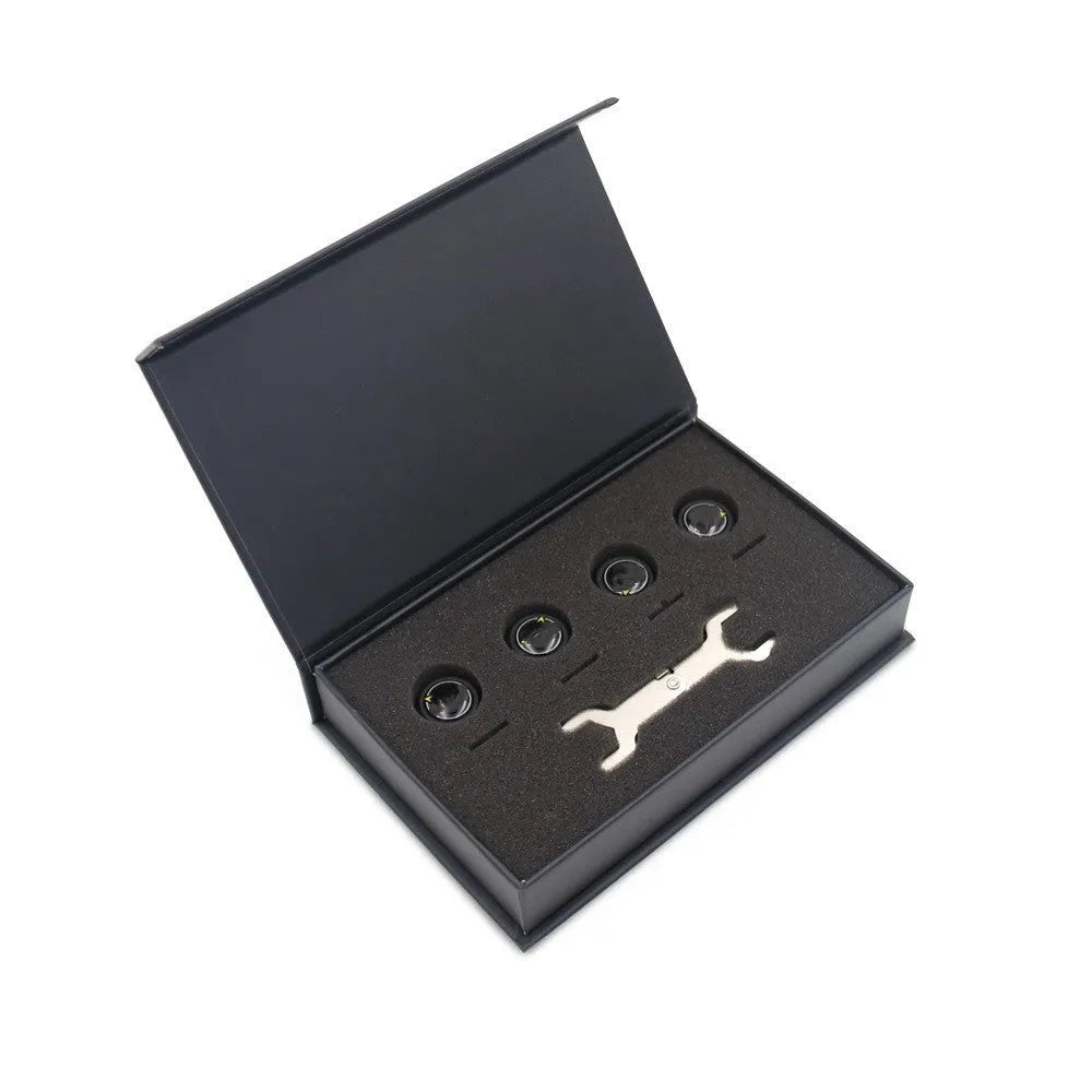 Bluetooth car tyre pressure monitoring system with four black external sensors and installation tools.
