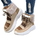 Women's beige suede lace-up snow boots with thick rubber soles and plush lining