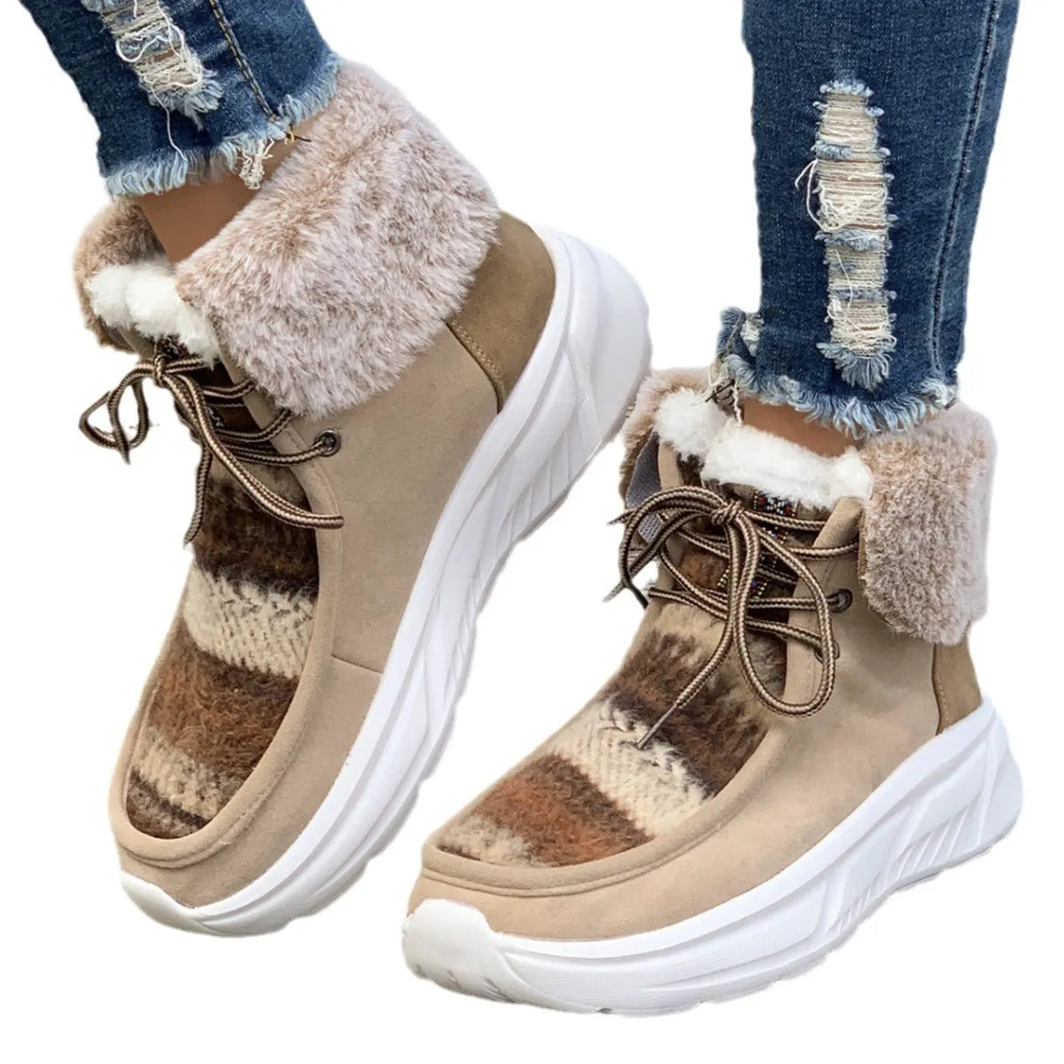 Women's beige suede lace-up snow boots with thick rubber soles and plush lining
