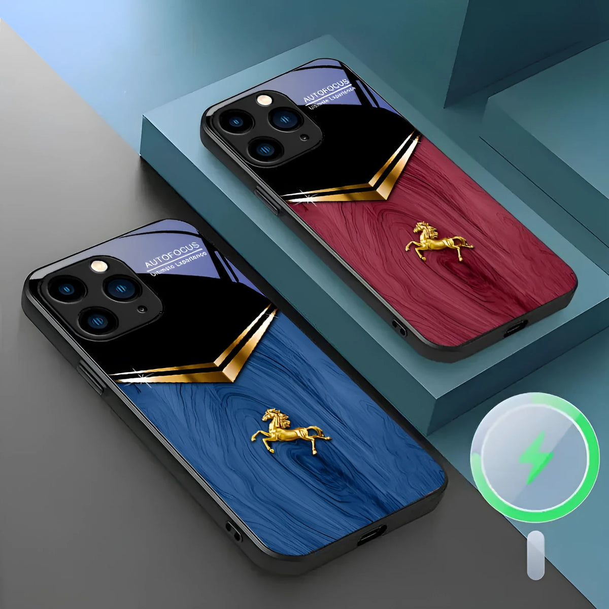 Magnetic glass phone case with metal frame for Apple iPhone in black, showing back panel with camera cutout