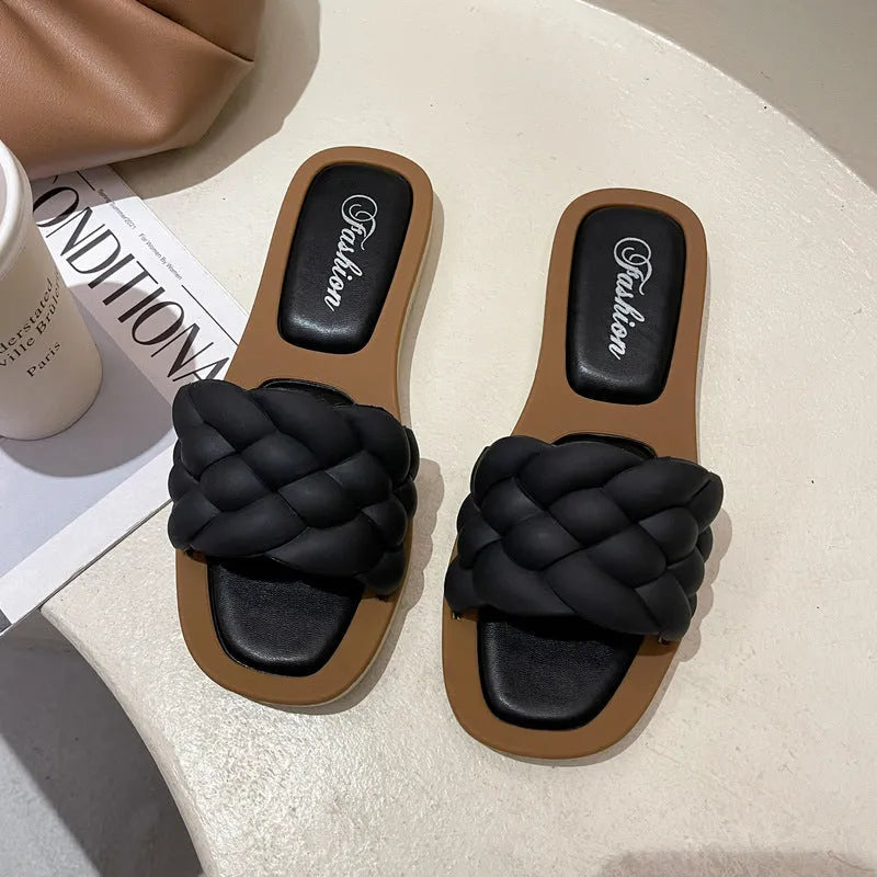 Women's PVC plaid beach sandals with a thick non-slip sole in black, green, orange, and white colour options.