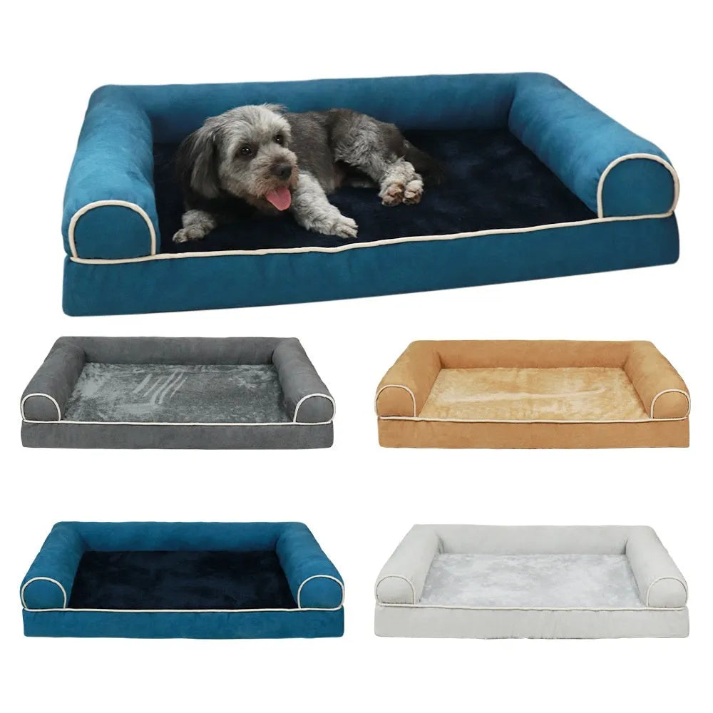 Square dark grey cloth dog bed with sponge filling on a wooden floor