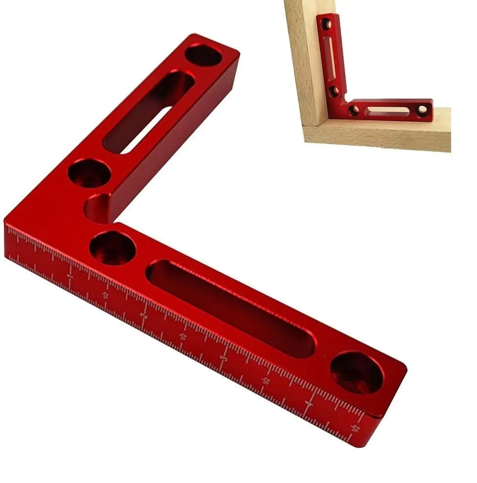 Aluminium right angle positioning block for woodworking with measurement scale.