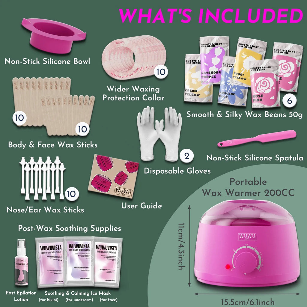 WUWUVISTA pink hard wax hair removal kit with warmer, wax beads, applicators, and aftercare products.