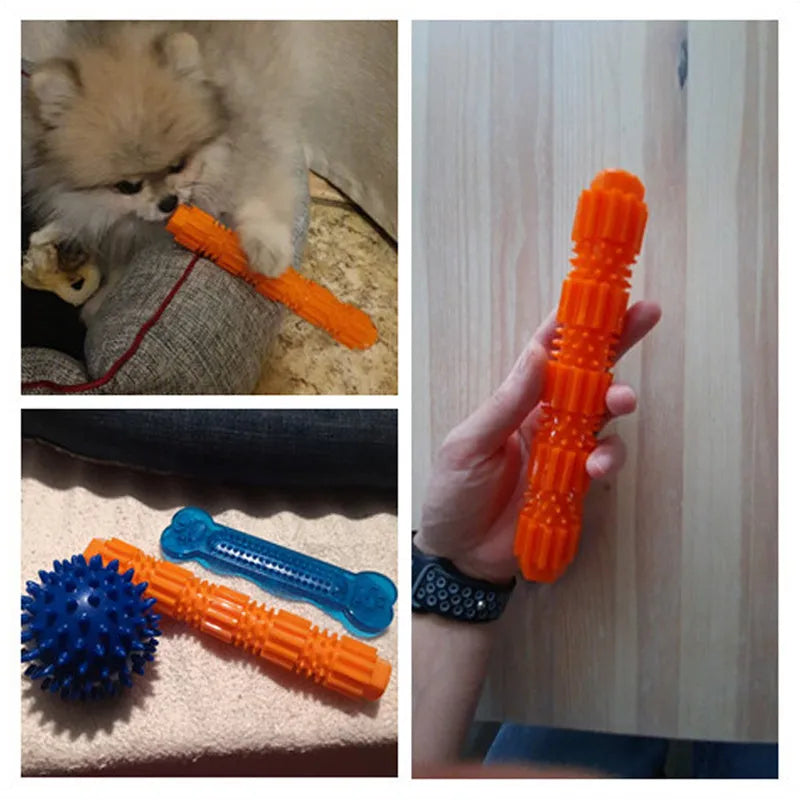 Green and orange durable rubber dog chew toy with treat dispenser hole for aggressive chewers.