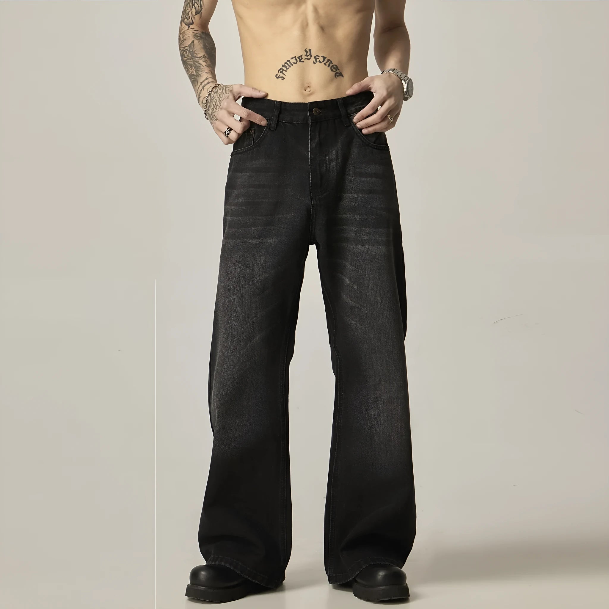 Black loose straight retro jeans showing front and back views with five-pocket design