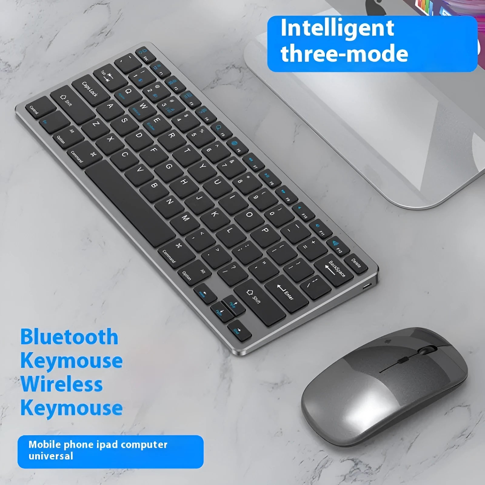 Ultra-thin wireless keyboard and silent mouse set in black, gunmetal, or silver, with USB receiver and keyboard cover.