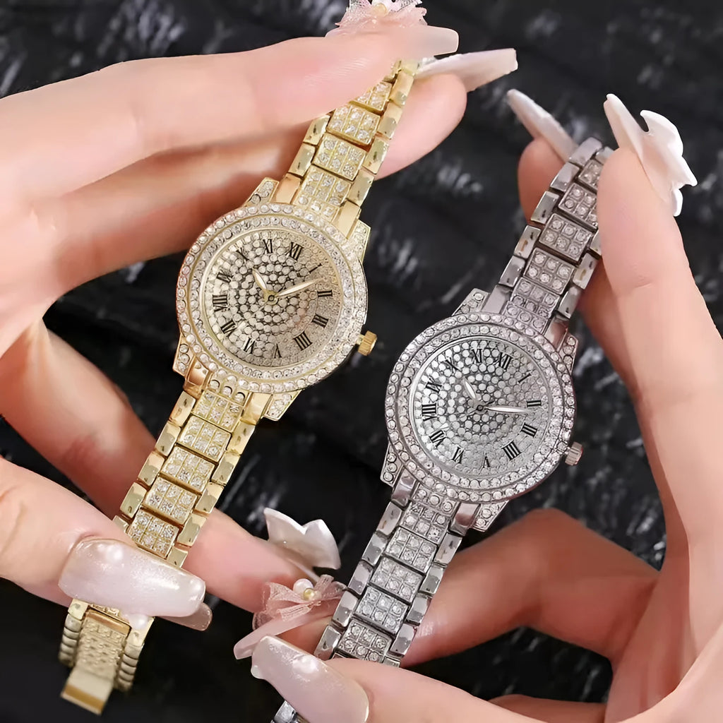 Diamond-encrusted casual women's quartz watch with gold alloy strap and 30mm dial, screw crown