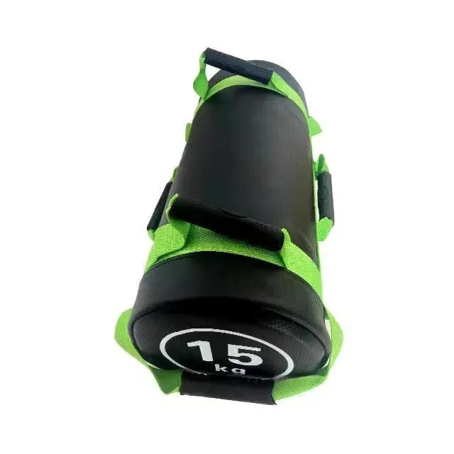 Flat white PVC fitness training sandbag for weight lifting in various sizes from 5kg to 30kg.
