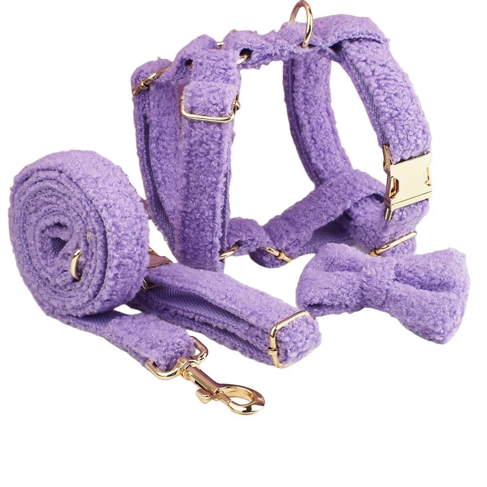 Purple fabric dog collar leash vest bow four-piece set for small dogs