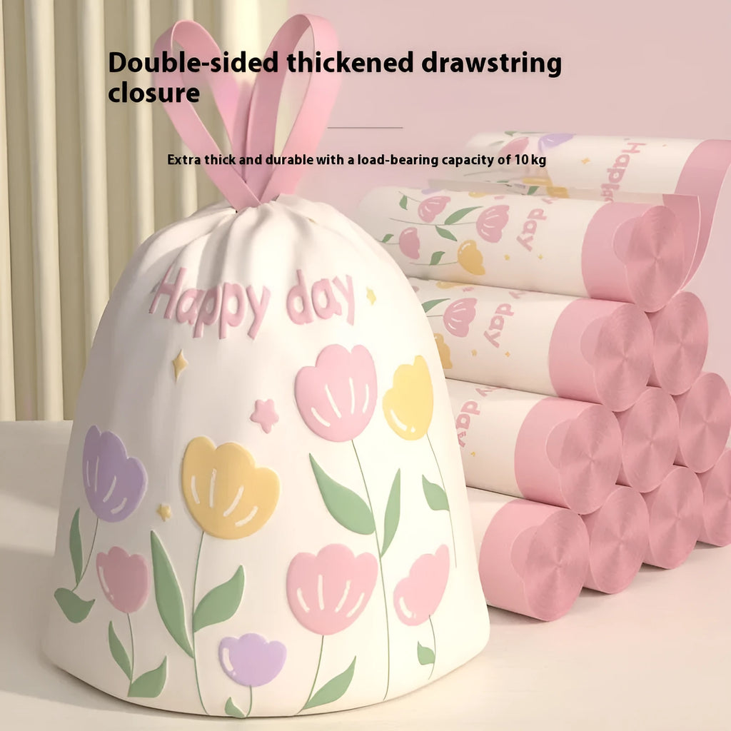 Pink degradable argy wormwood mosquito repellent garbage bags with bold drawstring.