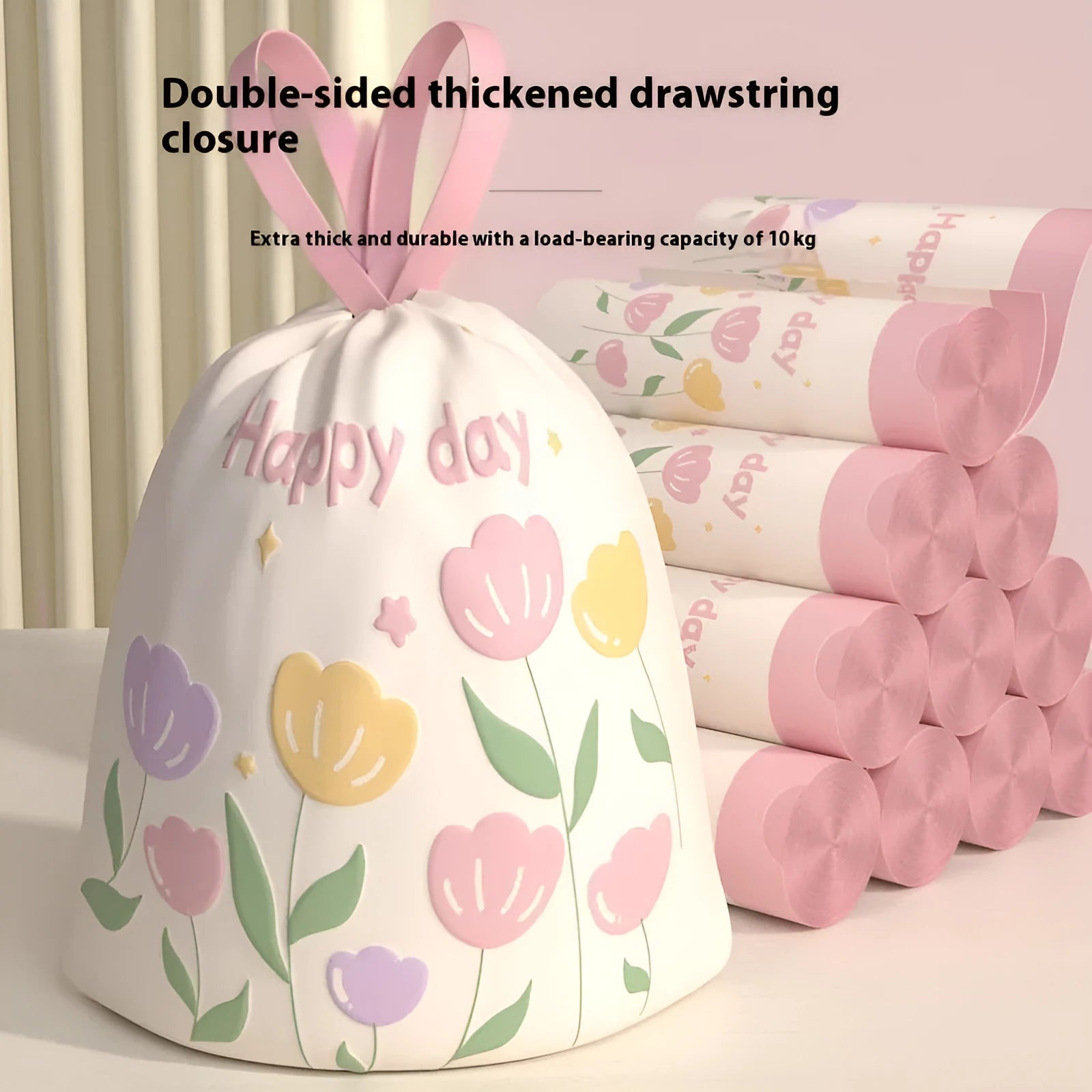 Pink degradable argy wormwood mosquito repellent garbage bags with bold drawstring.