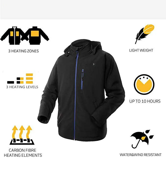 Black men's USB winter waterproof coat with straight hem and long sleeves