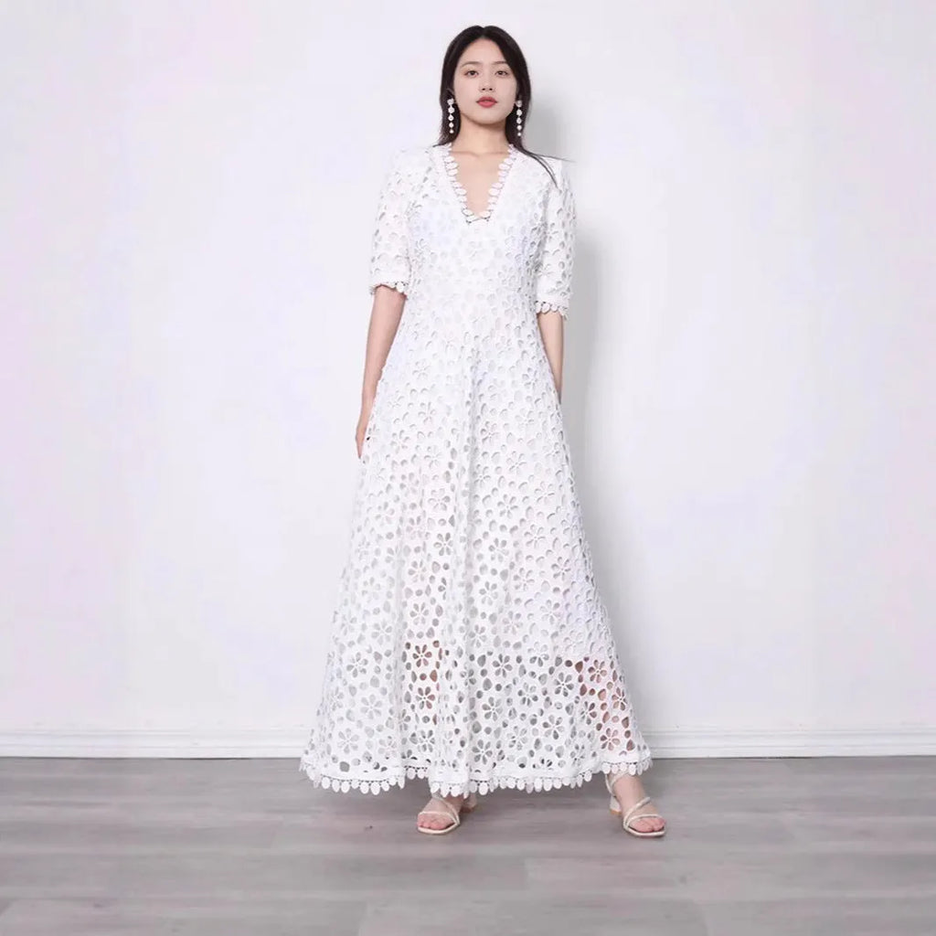 White lace long dress with V-neck design and hollow-out details for women
