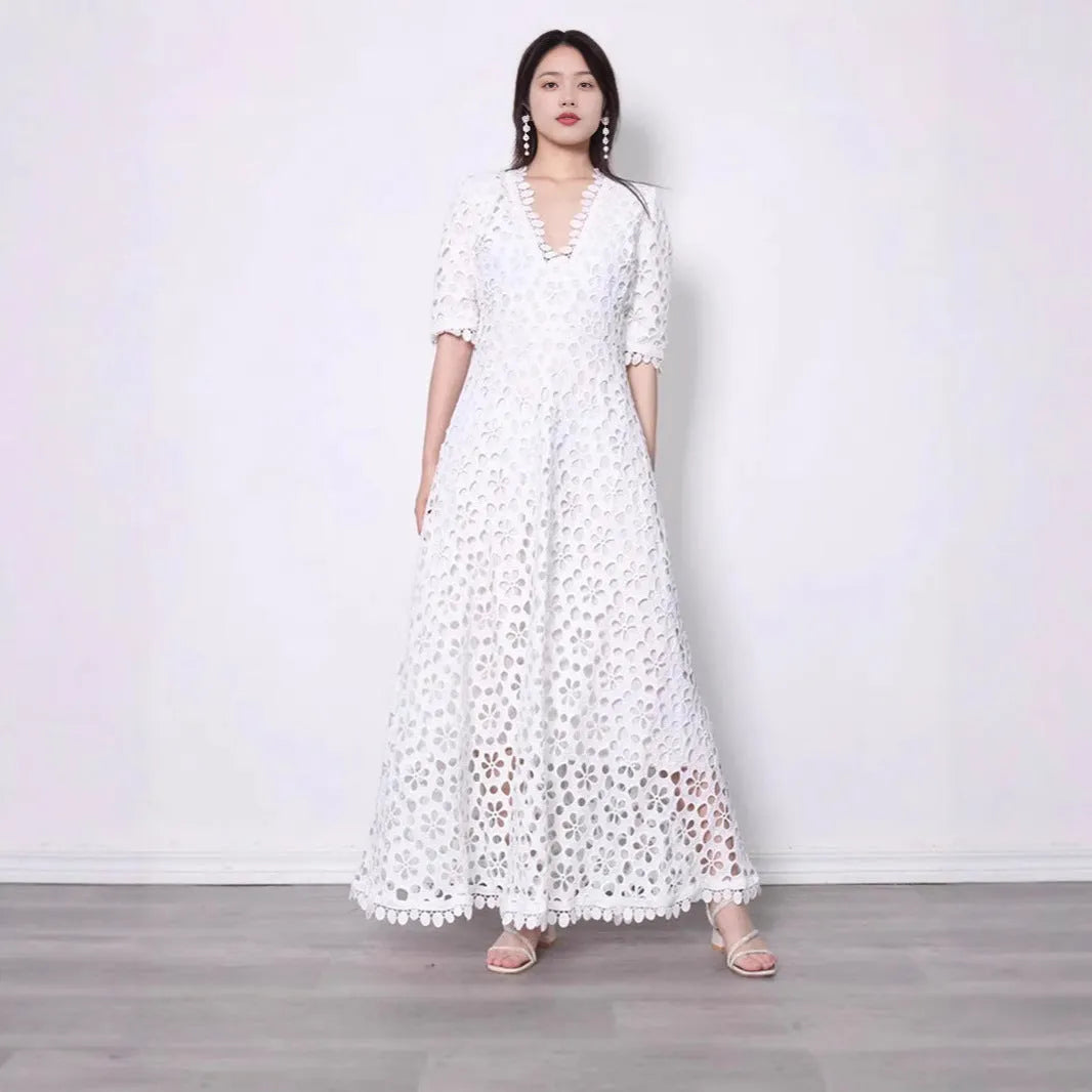 White lace long dress with V-neck design and hollow-out details for women