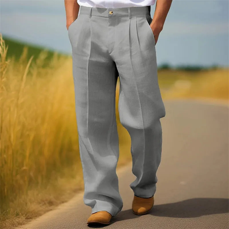 Men's loose fit straight leg trousers in linen blend fabric, shown in solid colour options.