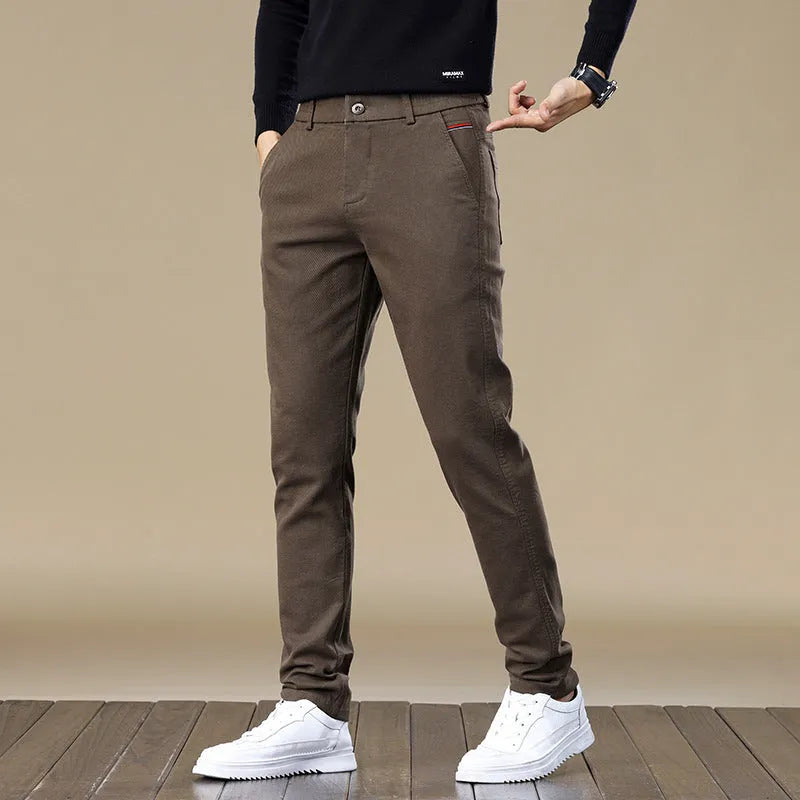 Men's fleece-lined slim fit tapered casual pants in black cotton fabric with straight leg