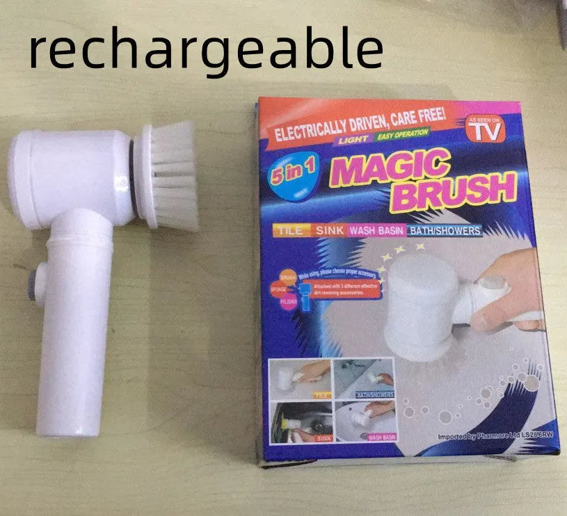 White cordless electric cleaning brush with three interchangeable nylon brush heads for household surfaces