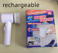 White cordless electric cleaning brush with three interchangeable nylon brush heads for household surfaces