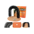 White plastic cat grooming arch with a built-in brush for scratching and rubbing.