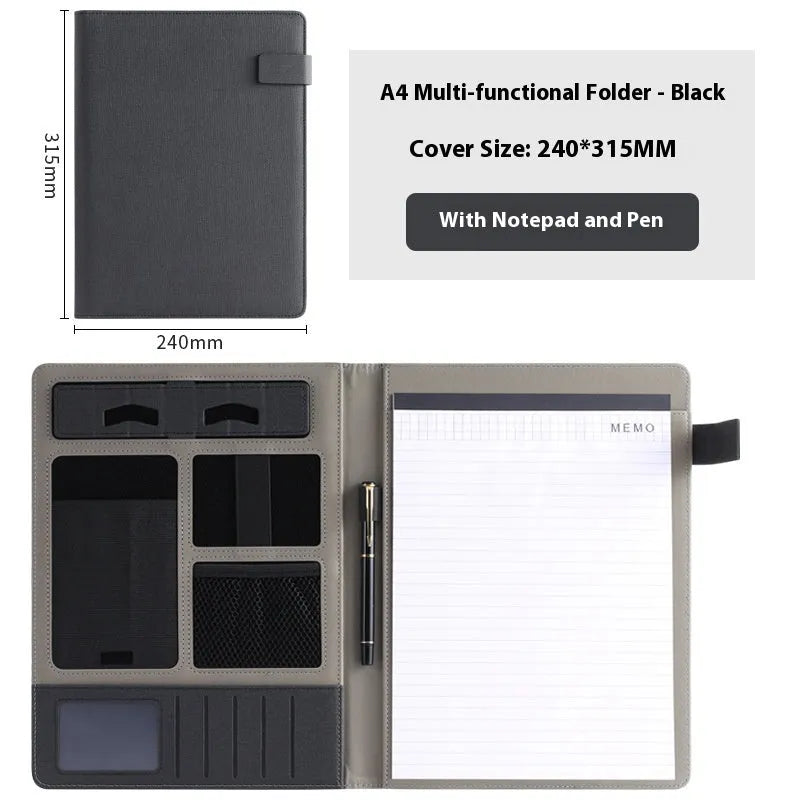 Leather A4 business folder in black with 35mm plate thickness, pen and notepad