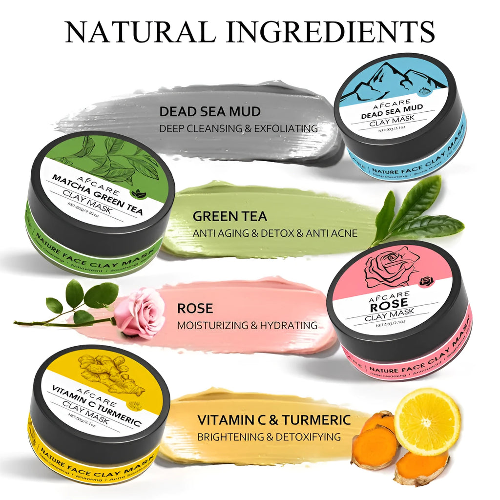Four tubes of clay face mask set featuring Dead Sea mud, green tea, turmeric, and rose clay extracts.