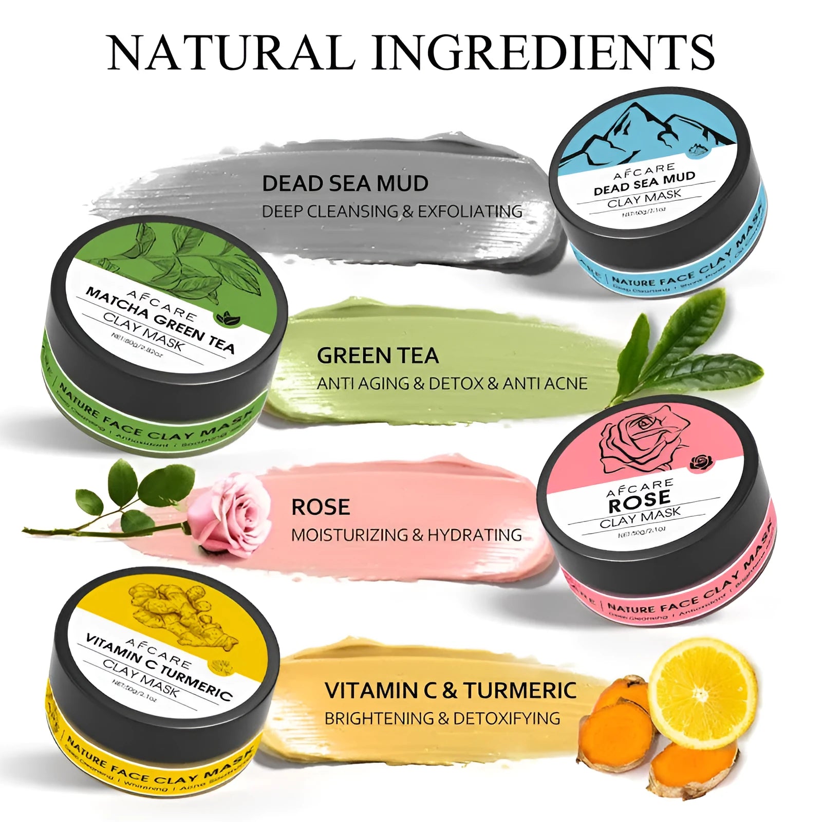 Four tubes of clay face mask set featuring Dead Sea mud, green tea, turmeric, and rose clay extracts.