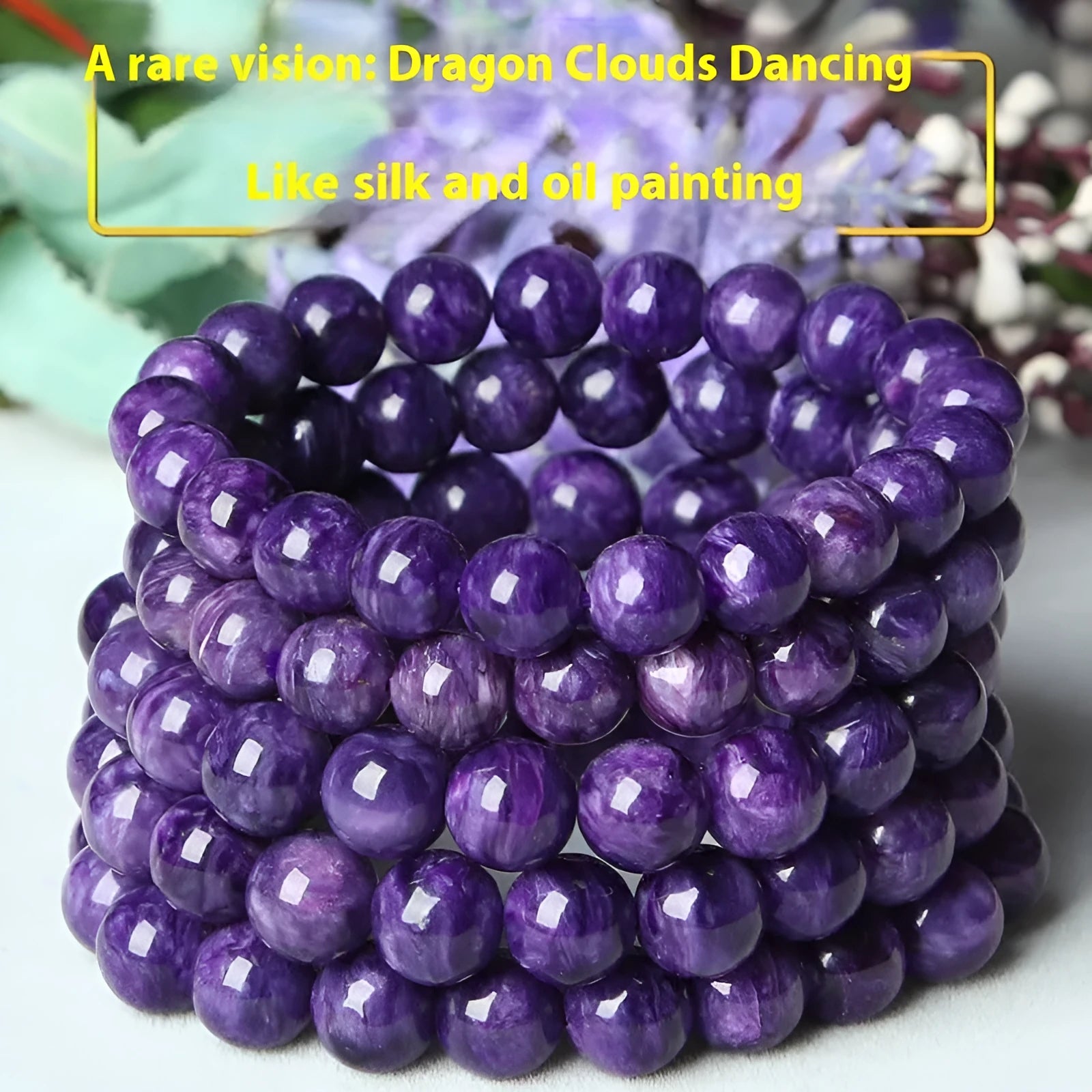 Natural transparent charoite crystal bracelet with platinum setting, showing different bead size options on a wrist.