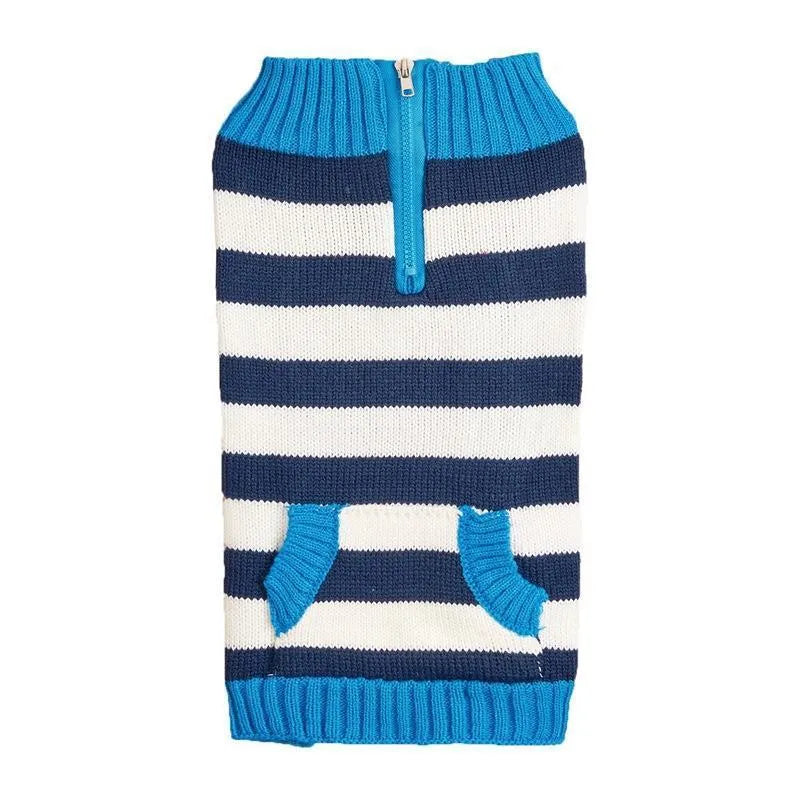 Dog sweater with horizontal contrast zipper and button pocket for small medium dogs