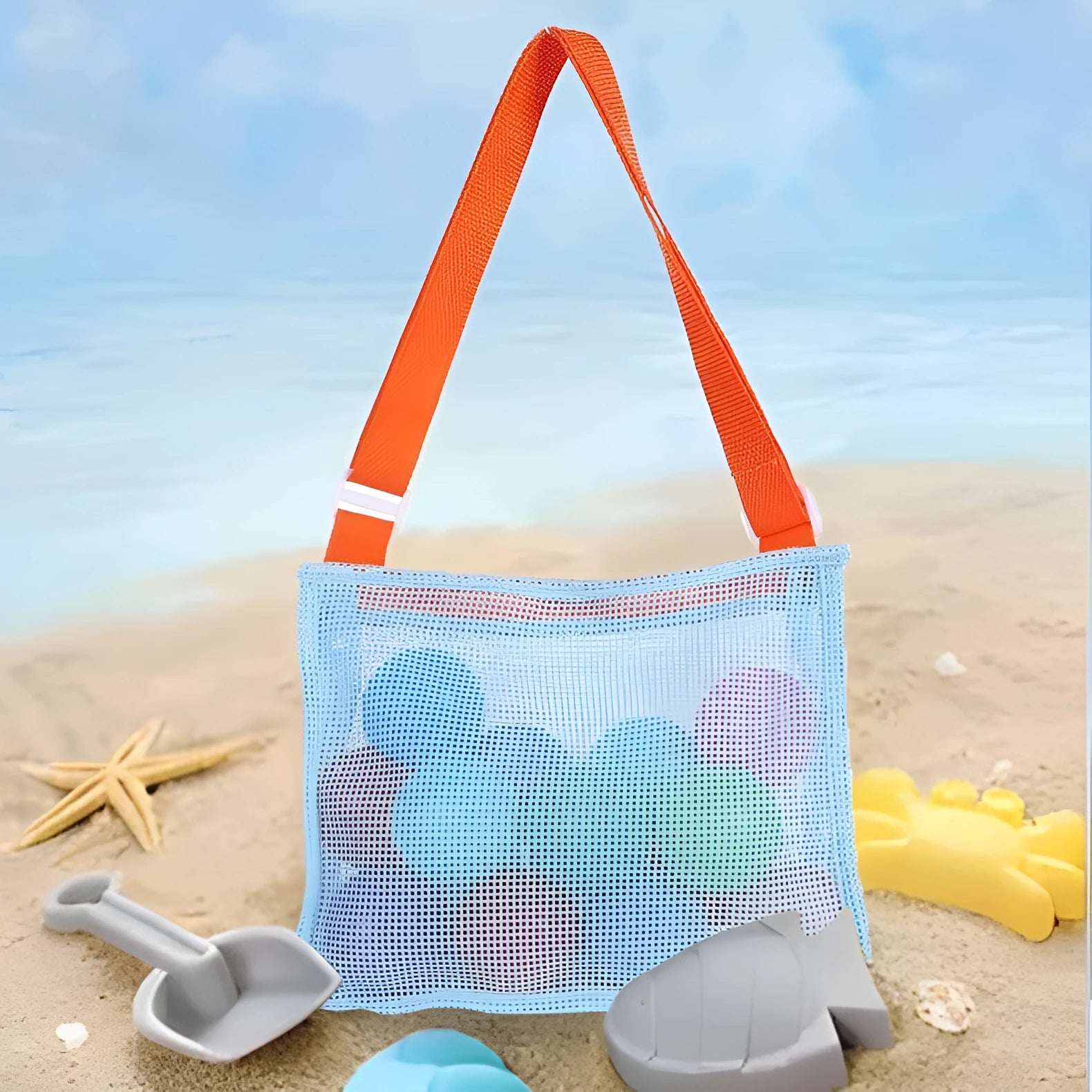 Blue nylon mesh travel storage bag with drawstring closure showing dimensions of 20cm by 25cm by 8cm