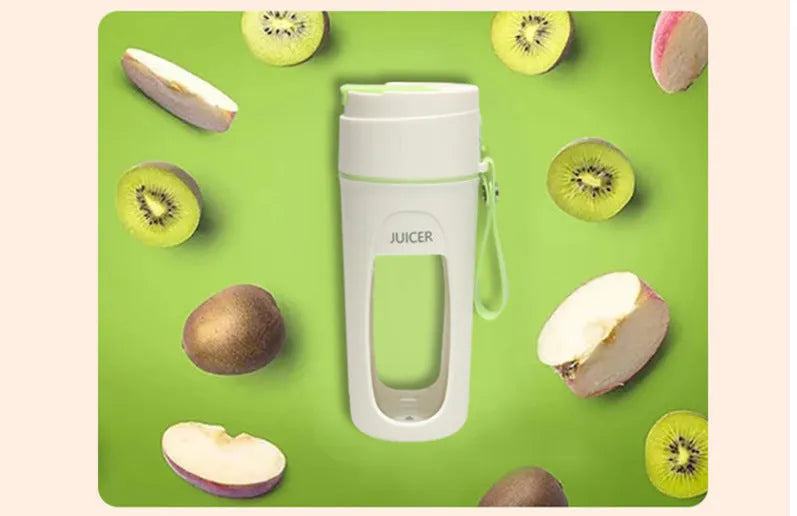 Portable USB rechargeable blender with borosilicate glass cup in fresh orange, grass green, and light purple colours.