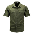 Men's short sleeve cotton cardigan shirt in khaki colour, front view, sizes M to 5XL
