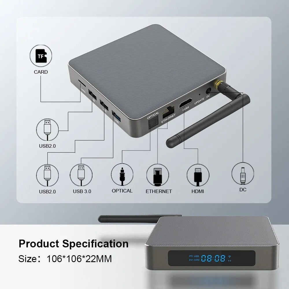 Black Android TV set-top box with HDMI port and remote control on a wooden surface.