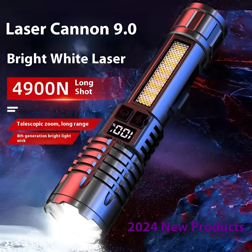 SJ004 rechargeable outdoor flashlight with white laser light, ABS body, zoom function, and three variant options.