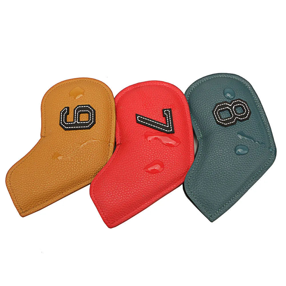 Set of 10 assorted colour PU golf club head covers with digital print designs.