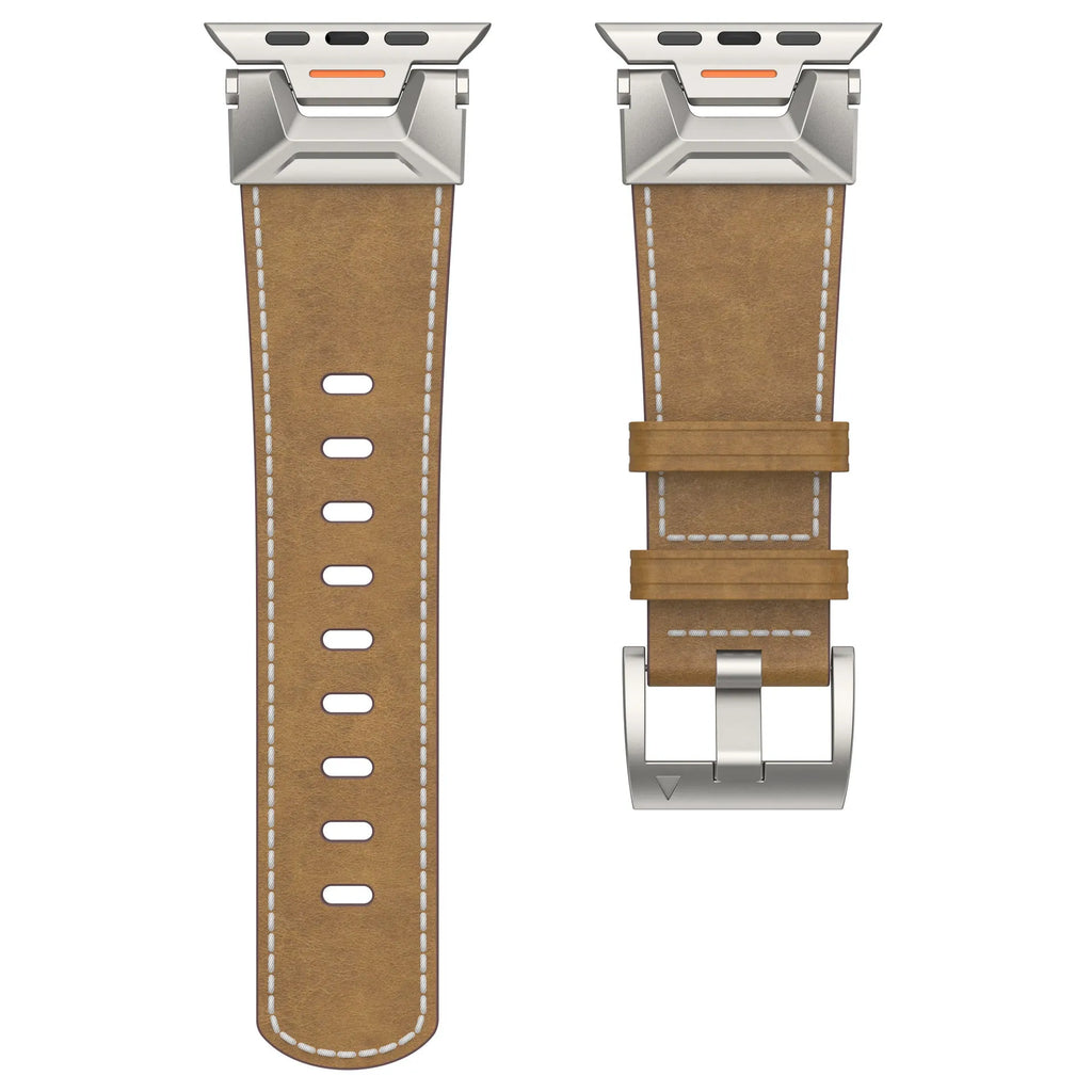 Business style belt watch band for Apple Watch 42-49mm, Black Napa leather strap on a wooden surface