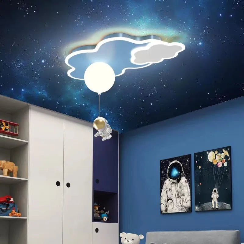 Modern simple round starry sky ceiling lamp in blue with remote control for kids rooms