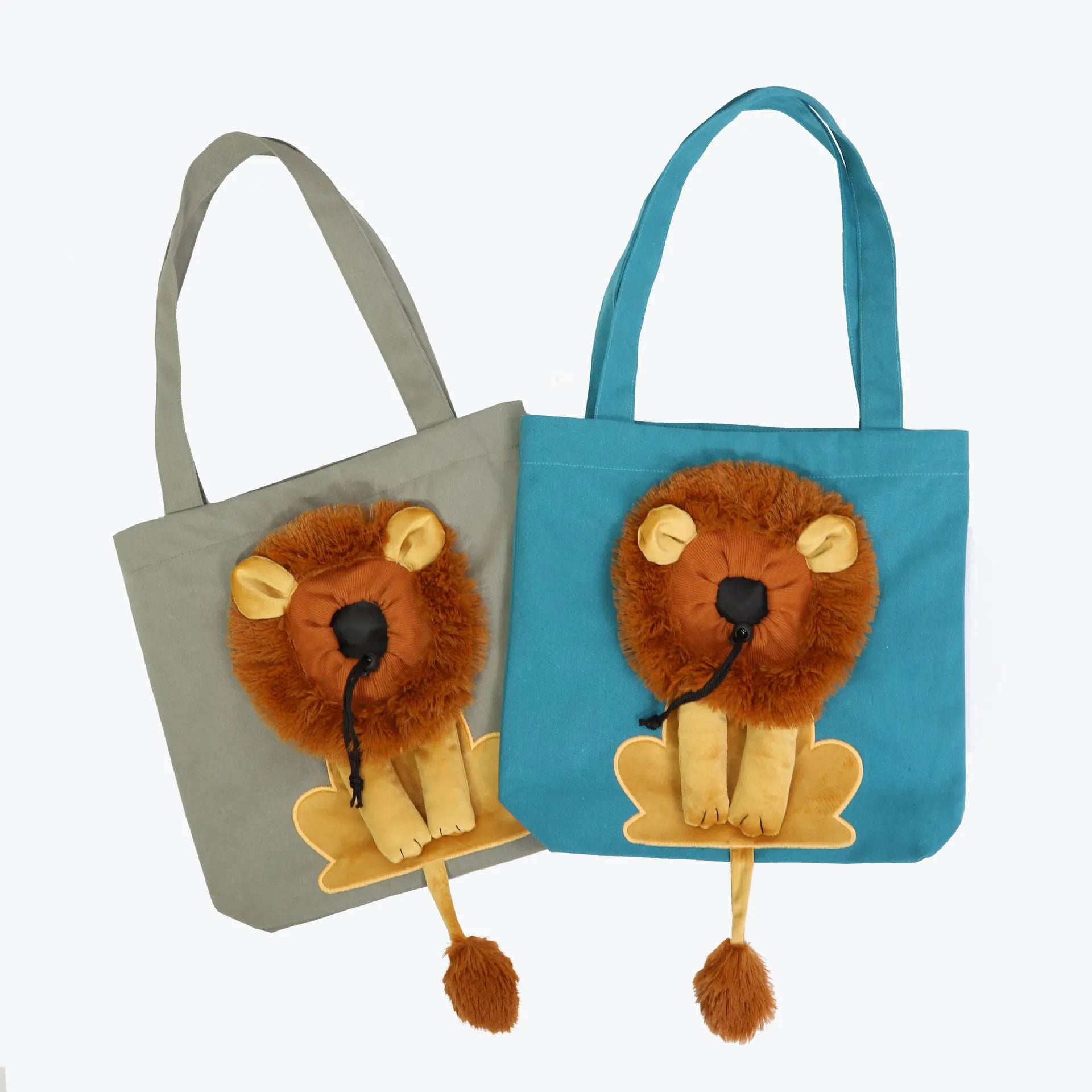 Canvas lion design pet carrier bag with safety zippers, adjustable opening, double shoulder strap, available in multiple colours