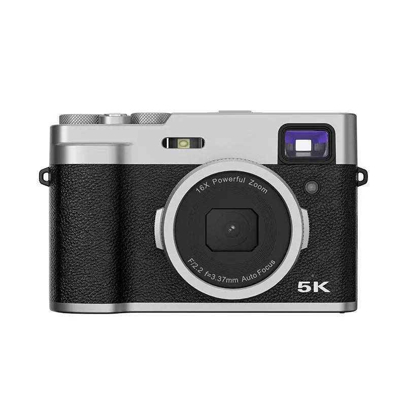 Black or brown 5K digital camera with dual lenses, a 2.88-inch screen, and an optical viewfinder on top.