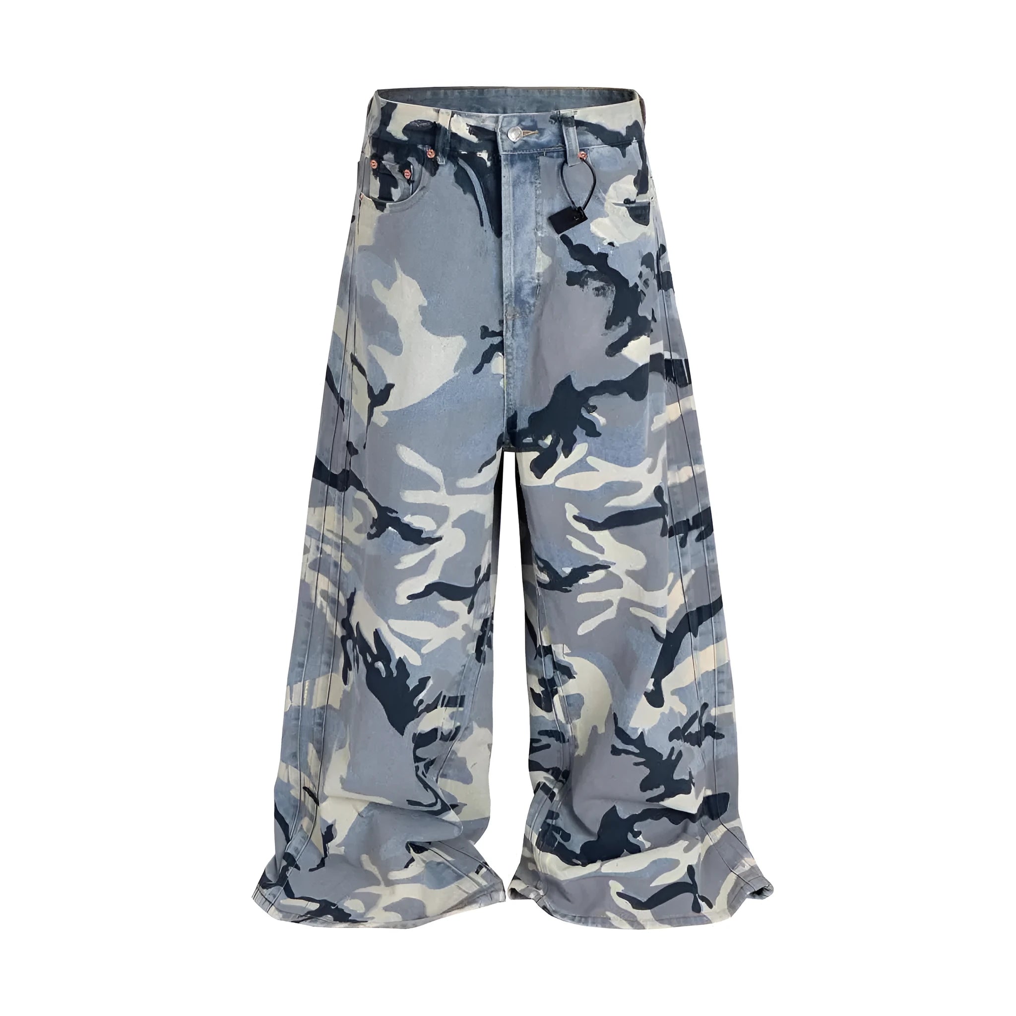 Snow camouflage blue jeans with camouflage pattern in loose fit stretch denim