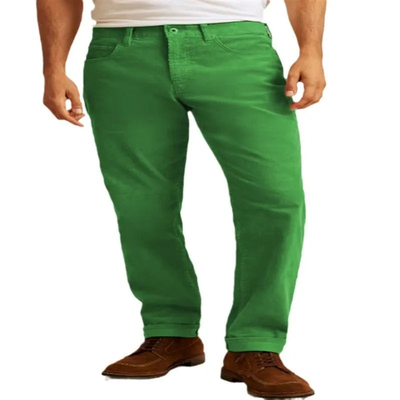 Men's straight leg corduroy trousers in a loose casual fit, shown in a solid colour with a mid-waist and zip fly detail.