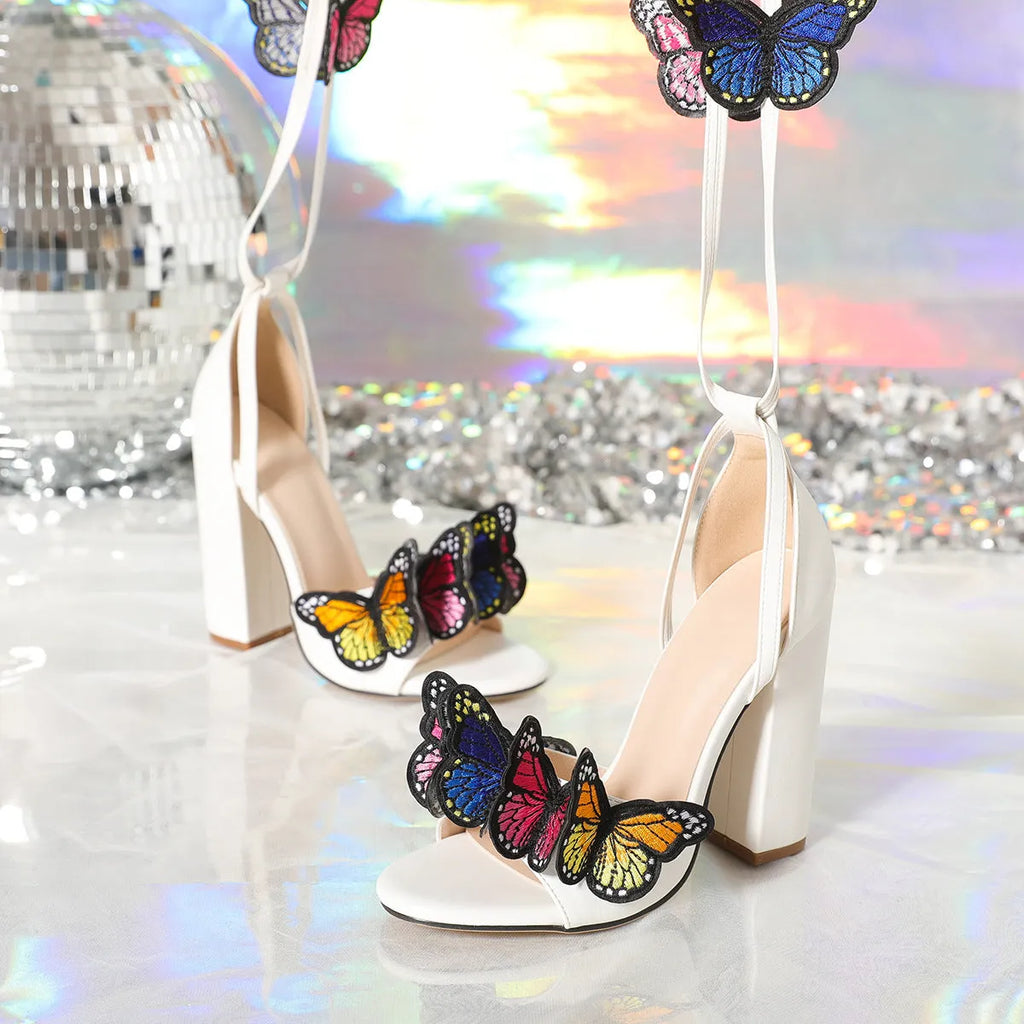 Women's butterfly high heel sandals square toe PVC black colour side view